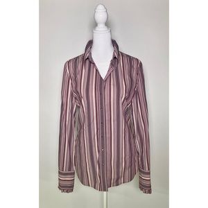 Elie Tahari purple striped button down shirt with ruffled details medium